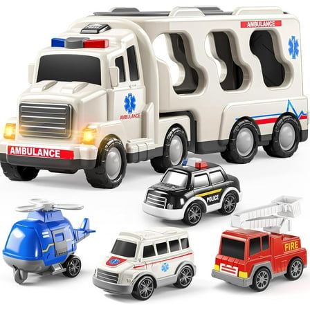 5 Pack Emergency Rescue Ambulance Car,Vehicle Toddler Truck Toys for 2 3 4 5 6 Year Old Boys,Friction Power Cars with Rescue Helicopter,Police Car,Fire Truck,Birthday Gifts for Girls Age 3-8