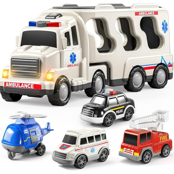 5 Pack Emergency Rescue Ambulance Car,Vehicle Toddler Truck Toys for 2 3 4 5 6 Year Old Boys,Friction Power Cars with Rescue Helicopter,Police Car,Fire Truck,Birthday Gifts for Girls Age 3-8