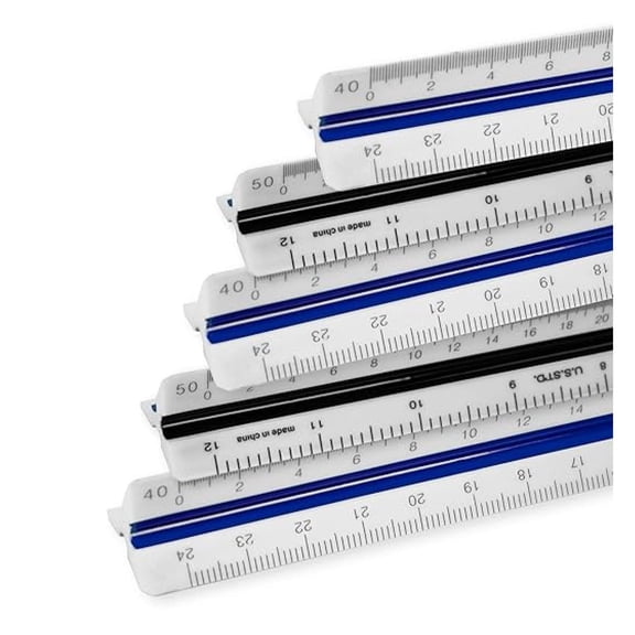 5 Pack | , Engineer Triangle Scale Ruler 12 Inch with Etched Markings in Fully Divided 10, 20, 30, 40, 50, and 60 Parts to The inch