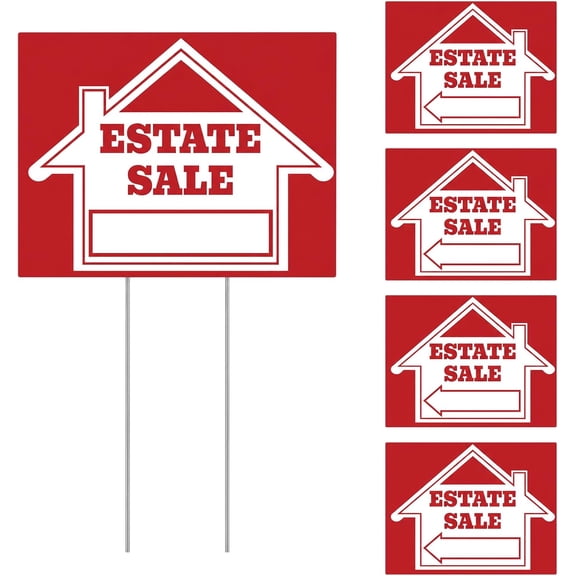 5 Pack Estate Sale Signs,16 x 12 Inch DoubleSided Directional Signs with Arrows and Metal H Stakes, WeatherProof Yard Sale Signs, Property Sale Sign Set for Outdoor Use.