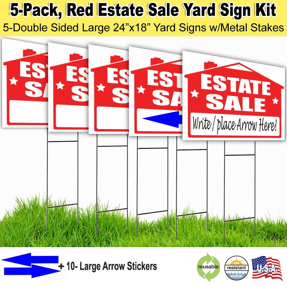 5 Pack of Durable, Directional Yard Estate Sale Signs Kit with Stakes