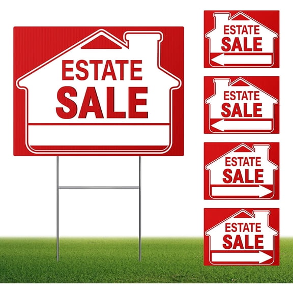 [5 Pack] Estate Sale Signs Set - 16 x 12 Inch Double-Sided Yard Signs With Arrows and Metal H Stakes - Property Sale Directional Signs - Weather-Proof