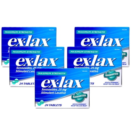 Ex-Lax Maximum Strength Stimulant Laxative Tablets, Sennosides 25 mg, Gentle Overnight Relief for Occasional Constipation, 24 Count (Pack of 5)