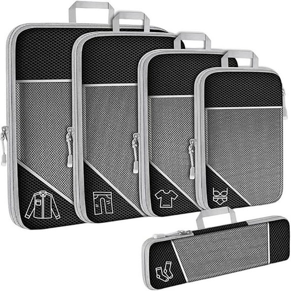 5 Pack Expandable Compression Packing Cubes,Lightweight Compressible Travel Packing Organizer,Mesh Packing Cubes With Double Zipper and Handle for Travel Accessories