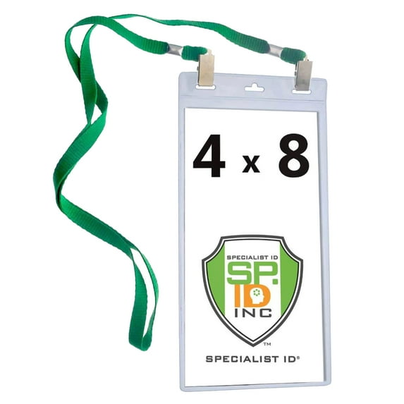 5 Pack - Extra Large 4 x 8 Inch Ticket & Event Credential Badge Holders with Double Sided Lanyards with Two Bulldog Clips by Specialist ID (Green)