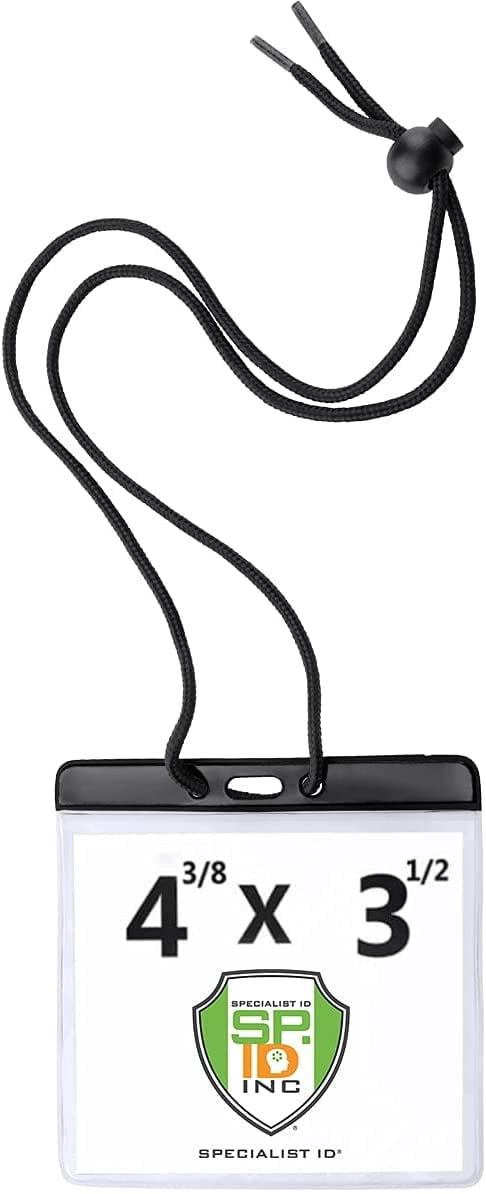 5 Pack - Extra Large Color Bar Badge Horizontal Sleeve (4 3/8 X 3 1/2 - Max Insert) with Matching Color Neck Cord for Travel/Conventions by Specialist ID (Black)