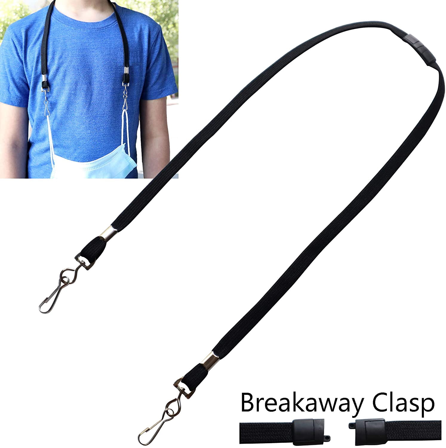 5 Pack -Face Mask Lanyards - Small Size with Safety Breakaway Clasp - Ear Saver Holder with Swivel J Clips - Short 12.5" Length by Specialist ID (Black)