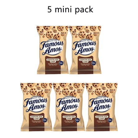 5 Pack Famous Amos Chocolate Chip Cookies, Classic Bite Size Snacks, 2 Oz Each