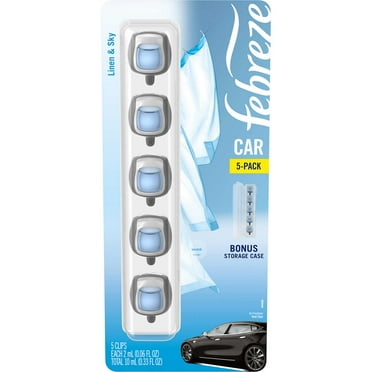 5 Pack Febreze Car Air Freshener Vent Clips, Linen & Sky, Bonus Storage Case