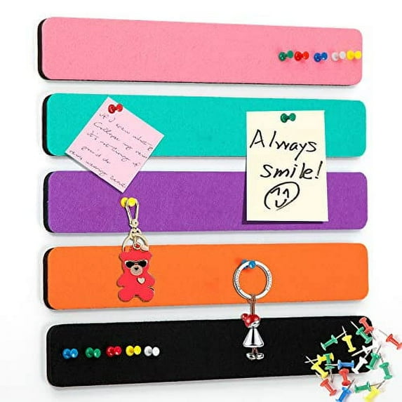 5 Pack Felt Pin Board Bar Strips Bulletin Board for Bedrooms Offices Home Wall Decoration, Notice Board Self Adhesive Cork Board with 35 Push Pins for Paste Notes, Photos, Schedules (Multi-Color)