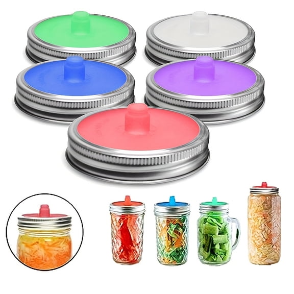 5 Pack Fermentation Lids for Wide Mouth Mason Jars, Silicone One Way Valve for Sauerkraut Pickles Kombucha, Leak Proof Airtight Sealer for Fermenting, Easy Pour Spout (Jars Not Included)