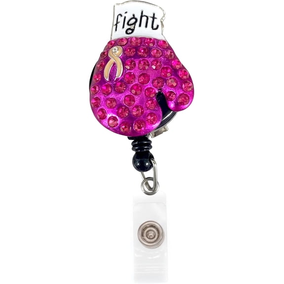 5 Pack - Fight Pink Boxing Glove Bling Badge Reel – Breast Cancer Awareness Retractable ID Holder