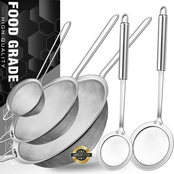 5 Pack Fine Mesh Strainer and Fat Skimmer Spoon Set, Multipurpose Metal Strainers for Kitchen, Rice, Quinoa, Food, 304 Stainless Steel Fat Skimmer For Cooking, Fat, Grease, Floating Foam