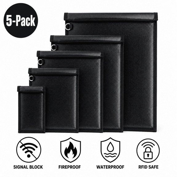 5-Pack Fireproof & Waterproof Faraday Bag, RFID Signal Blocking Pouch for Car Keys, Phones, Tablets