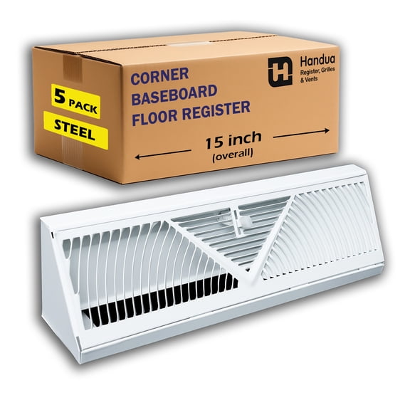 [5 Pack] Fits 15" Baseboard Space | Corner Baseboard Register by Handua | Round Type Air Flow Design | 15" External Length Register Vent Cover Grill | Adjustable Lever for Air Flow Control | White