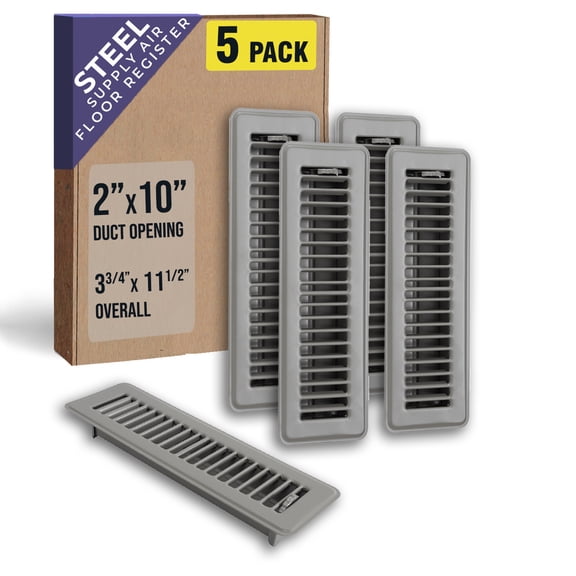 [5 Pack] Fits 2x10 and 10x2 Duct Opening | Floor Register with Louvered Design by Handua | Heavy Duty Walkable Design with Damper | Floor Vent Grille | Easy to Adjust Air Supply Lever | Gray