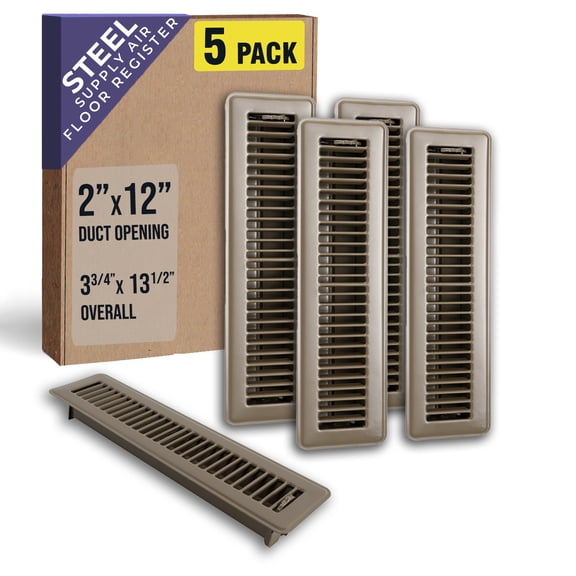 [5 Pack] Fits 2x12 and 12x2 Duct Opening | Floor Register with Louvered Design by Handua | Heavy Duty Walkable Design with Damper | Floor Vent Grille | Easy to Adjust Air Supply Lever | Brown