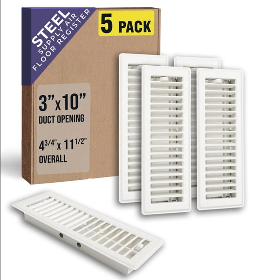 [5 Pack] Fits 3x10 and 10x3 Duct Opening | Floor Register with Louvered Design by Handua | Heavy Duty Walkable Design with Damper | Floor Vent Grille | Easy to Adjust Air Supply Lever | Off White