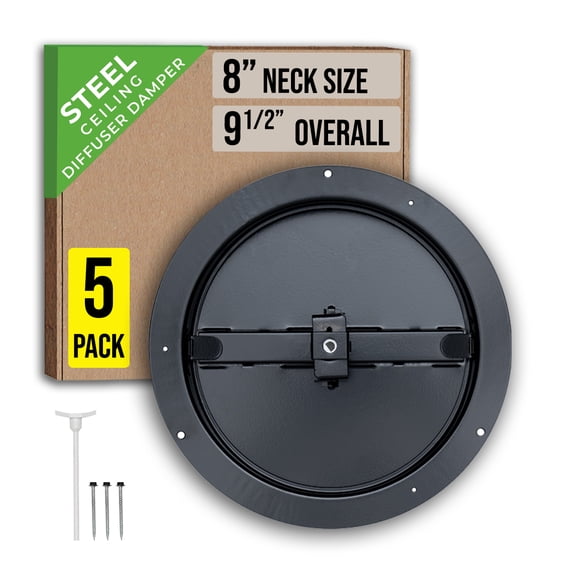 [5 Pack] Fits 8 Inch Neck Air Duct | Steel Butterfly Damper by Handua | For Round Ceiling Air Supply Diffuser with Plastic Key-Handle | Black | Outer Dimension: 9-1/2"