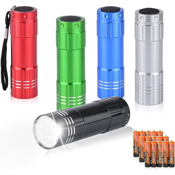 5 Pack of Flashlights 9 LED Mini Aluminum Flashlight Bulk with Lanyard 15 AAA Batteries Included Assorted Colors Handheld Flashlights for Hurricane Supplies Camping, Night Reading, Cycling