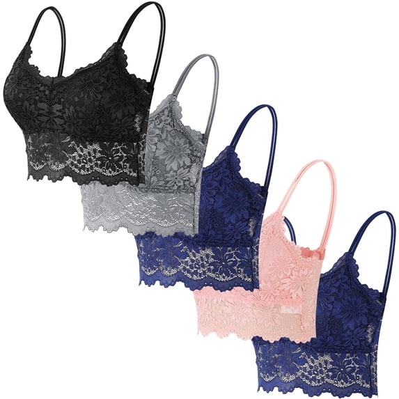 Yijfswar 5 Pack Floral Lace Bralettes for Women Wireless Crop Top Backless Bralette Padded Bras with Straps