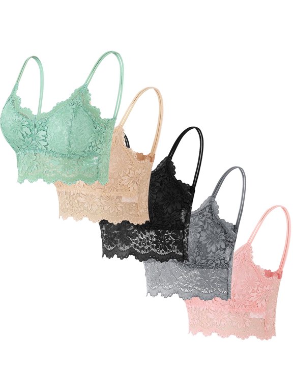 5 Pack Floral Lace Bralettes for Women Wireless Crop Top Backless Bralette Padded Bras with Straps