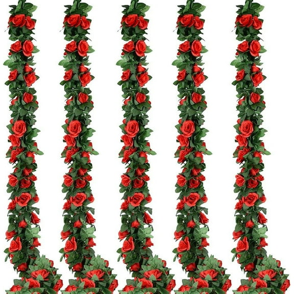 5 Pack Flower Garland Artificial Fake Rose Garland Vine Artificial Flowers for Decoration Floral Garland Decor-Total 41 Ft (Red)