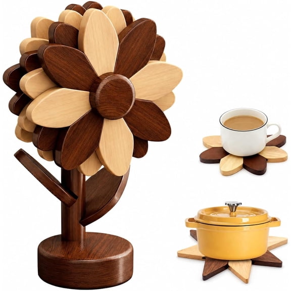 5 Pack Flower Shape Wooden Trivet Set with Tree Storage Stand, Dual Color Heat Resistant Beech Wood Hot Pads, Detachable Trivets for Hot Pots Dishes Kitchen Decor Gift