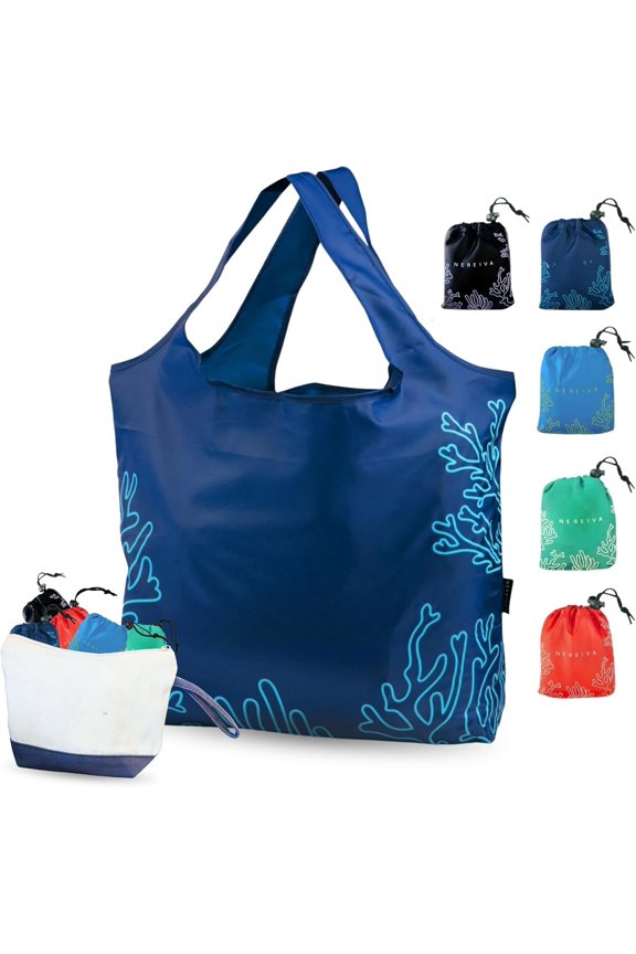 5 Pack Foldable Grocery Bags into Pouch - Large Capacity Multi-Color, for Travel, Durable, Washable Packable Shopping Bag, Comes with a Carry Pouch, Lightweight