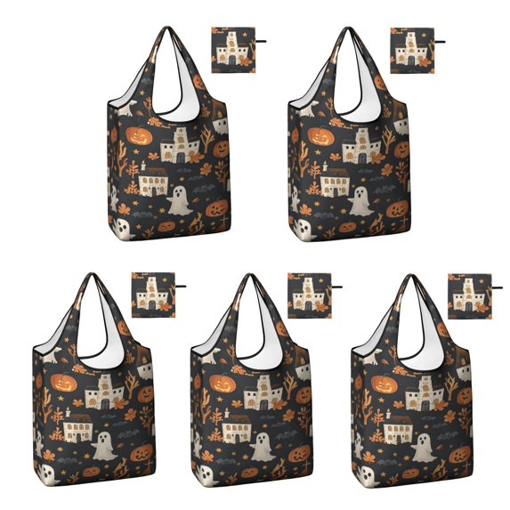 5 Pack Foldable Shopping Bag,Autumn Halloween Scene Pattern Reusable Grocery Bags with Pockets,Large Reusable Tote Bags with Handles Waterproof & Lightweight