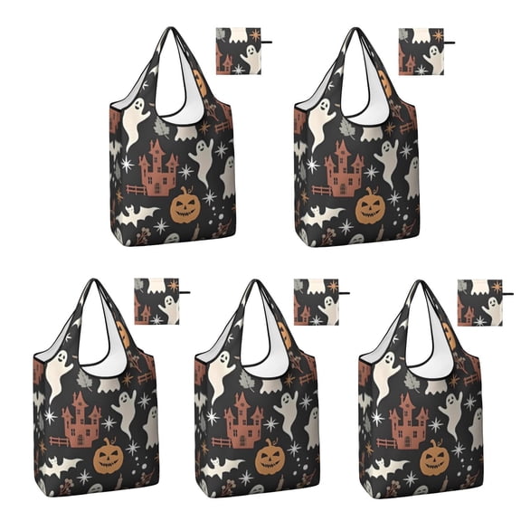 5 Pack Foldable Shopping Bag,Autumn Halloween Scene Pattern Reusable Grocery Bags with Pockets,Large Reusable Tote Bags with Handles Waterproof & Lightweight