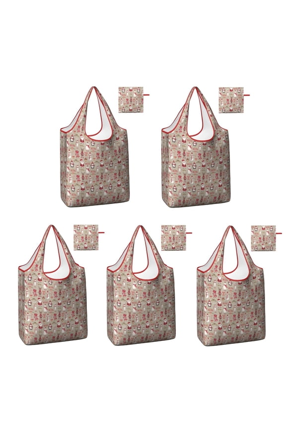5 Pack Foldable Shopping Bag,Beige Christmas Character Pattern Reusable Grocery Bags with Pockets,Large Reusable Tote Bags with Handles Waterproof & Lightweight