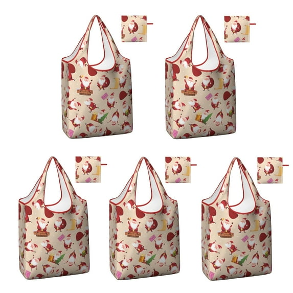 5 Pack Foldable Shopping Bag,Beige Christmas Santa Pattern Reusable Grocery Bags with Pockets,Large Reusable Tote Bags with Handles Waterproof & Lightweight