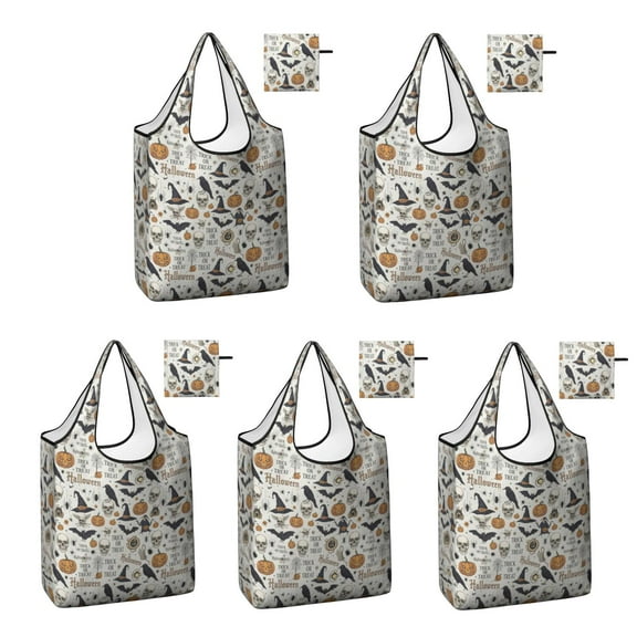 5 Pack Foldable Shopping Bag,Beige Halloween Pumpkin Skull Bat Pattern Reusable Grocery Bags with Pockets,Large Reusable Tote Bags with Handles Waterproof & Lightweight