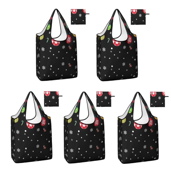 5 Pack Foldable Shopping Bag,Black Christmas Ornament Pattern Reusable Grocery Bags with Pockets,Large Reusable Tote Bags with Handles Waterproof & Lightweight