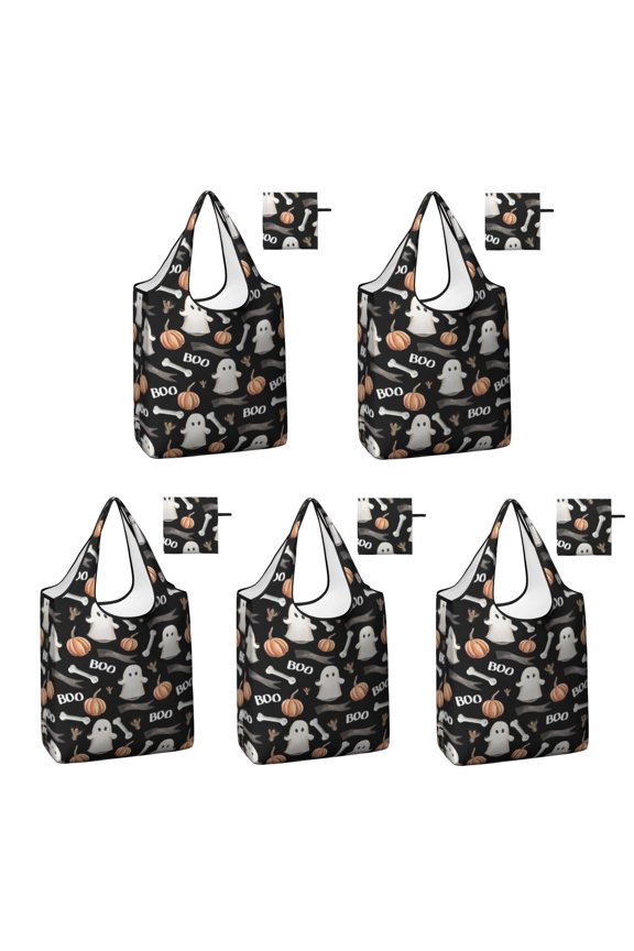5 Pack Foldable Shopping Bag,Black Halloween Ghosts Pumpkins and Bones Reusable Grocery Bags with Pockets,Large Reusable Tote Bags with Handles Waterproof & Lightweight