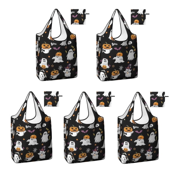 5 Pack Foldable Shopping Bag,Black Halloween Ghosts and Pumpkins Reusable Grocery Bags with Pockets,Large Reusable Tote Bags with Handles Waterproof & Lightweight