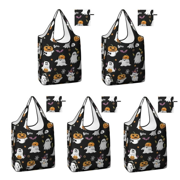 5 Pack Foldable Shopping Bag,Black Halloween Ghosts and Pumpkins Reusable Grocery Bags with Pockets,Large Reusable Tote Bags with Handles Waterproof & Lightweight