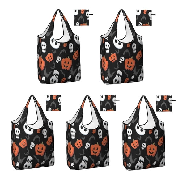 5 Pack Foldable Shopping Bag,Black Halloween Pumpkin Faces Reusable Grocery Bags with Pockets,Large Reusable Tote Bags with Handles Waterproof & Lightweight