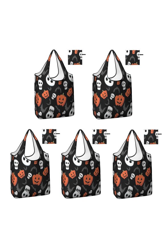 5 Pack Foldable Shopping Bag,Black Halloween Pumpkin Faces Reusable Grocery Bags with Pockets,Large Reusable Tote Bags with Handles Waterproof & Lightweight