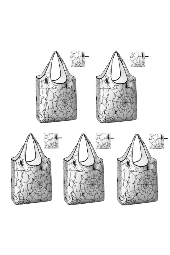 5 Pack Foldable Shopping Bag,Black Halloween Spider Webs Reusable Grocery Bags with Pockets,Large Reusable Tote Bags with Handles Waterproof & Lightweight