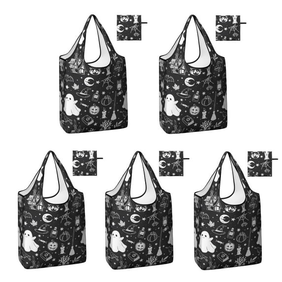 5 Pack Foldable Shopping Bag,Black and White Halloween Elements Pattern Reusable Grocery Bags with Pockets,Large Reusable Tote Bags with Handles Waterproof & Lightweight