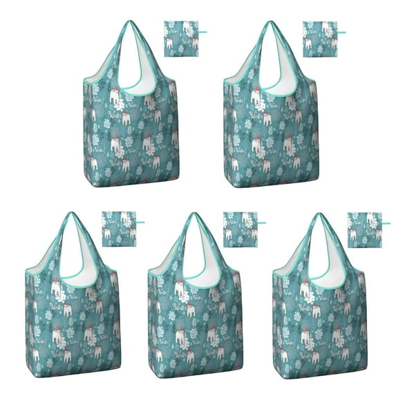 5 Pack Foldable Shopping Bag,Blue Christmas Polar Bear Pattern Reusable Grocery Bags with Pockets,Large Reusable Tote Bags with Handles Waterproof & Lightweight