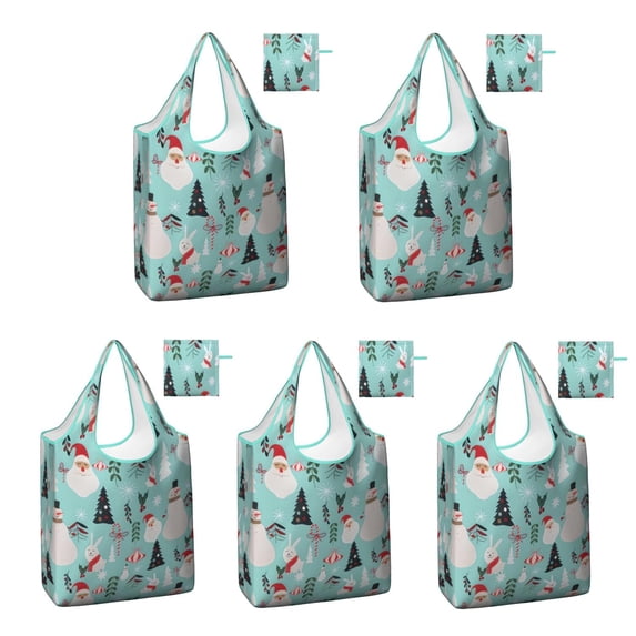 5 Pack Foldable Shopping Bag,Blue Christmas Santa and Snowman Pattern Reusable Grocery Bags with Pockets,Large Reusable Tote Bags with Handles Waterproof & Lightweight