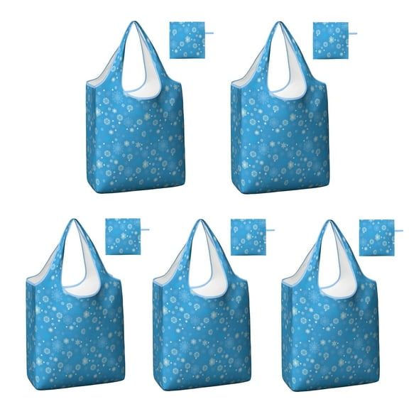 5 Pack Foldable Shopping Bag,Blue Christmas Snowflake Pattern Reusable Grocery Bags with Pockets,Large Reusable Tote Bags with Handles Waterproof & Lightweight