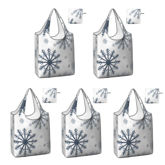 5 Pack Foldable Shopping Bag,Blue Christmas Snowflake Pattern Reusable Grocery Bags with Pockets,Large Reusable Tote Bags with Handles Waterproof & Lightweight