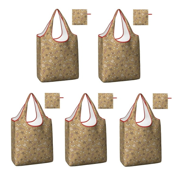 5 Pack Foldable Shopping Bag,Brown Christmas Pattern Reusable Grocery Bags with Pockets,Large Reusable Tote Bags with Handles Waterproof & Lightweight