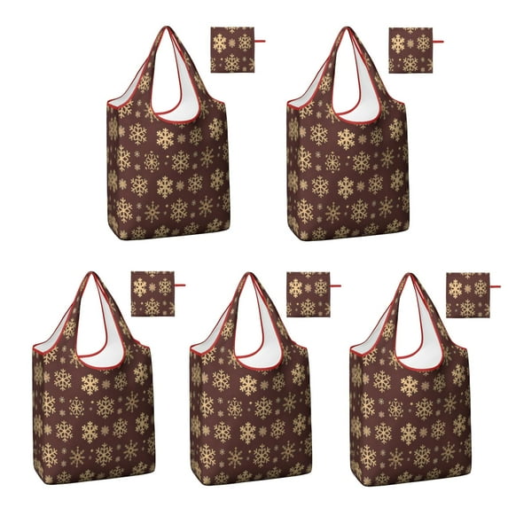 5 Pack Foldable Shopping Bag,Brown Christmas Snowflake Pattern Reusable Grocery Bags with Pockets,Large Reusable Tote Bags with Handles Waterproof & Lightweight