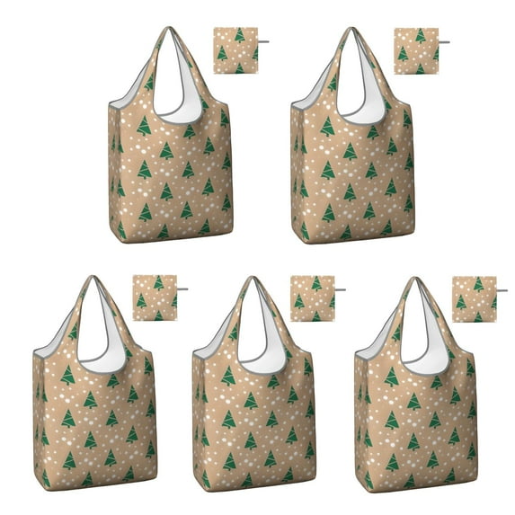 5 Pack Foldable Shopping Bag,Brown Christmas Tree Pattern Reusable Grocery Bags with Pockets,Large Reusable Tote Bags with Handles Waterproof & Lightweight