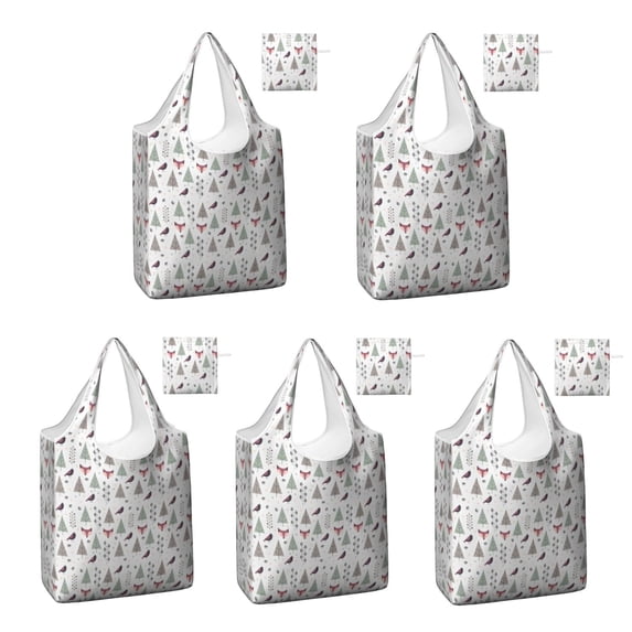5 Pack Foldable Shopping Bag,Christmas Forest Pattern Reusable Grocery Bags with Pockets,Large Reusable Tote Bags with Handles Waterproof & Lightweight